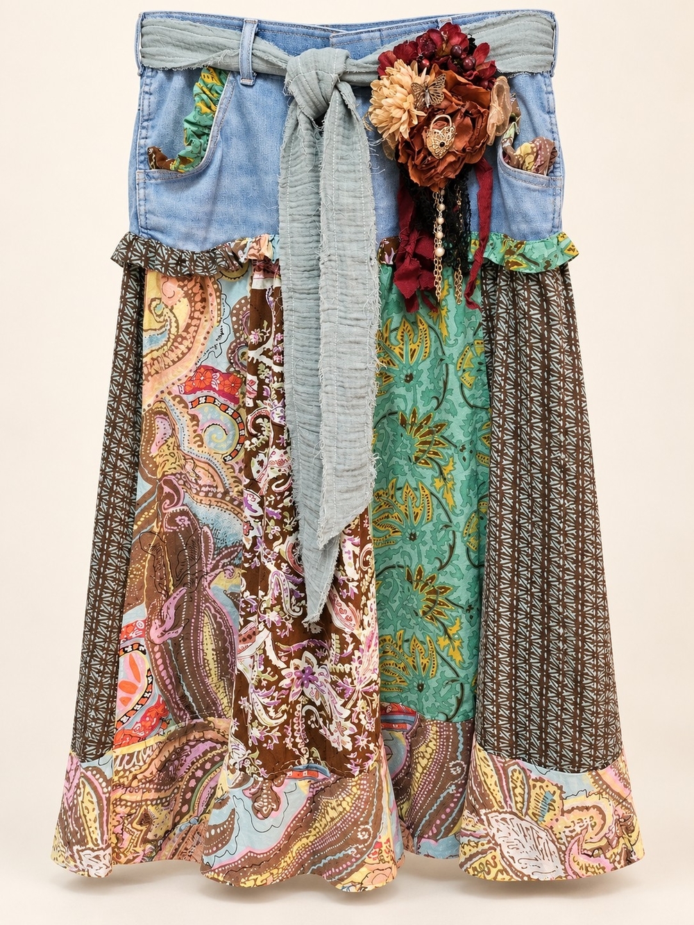 Boho Patchwork Midi Skirt with Floral Appliqué - Multi